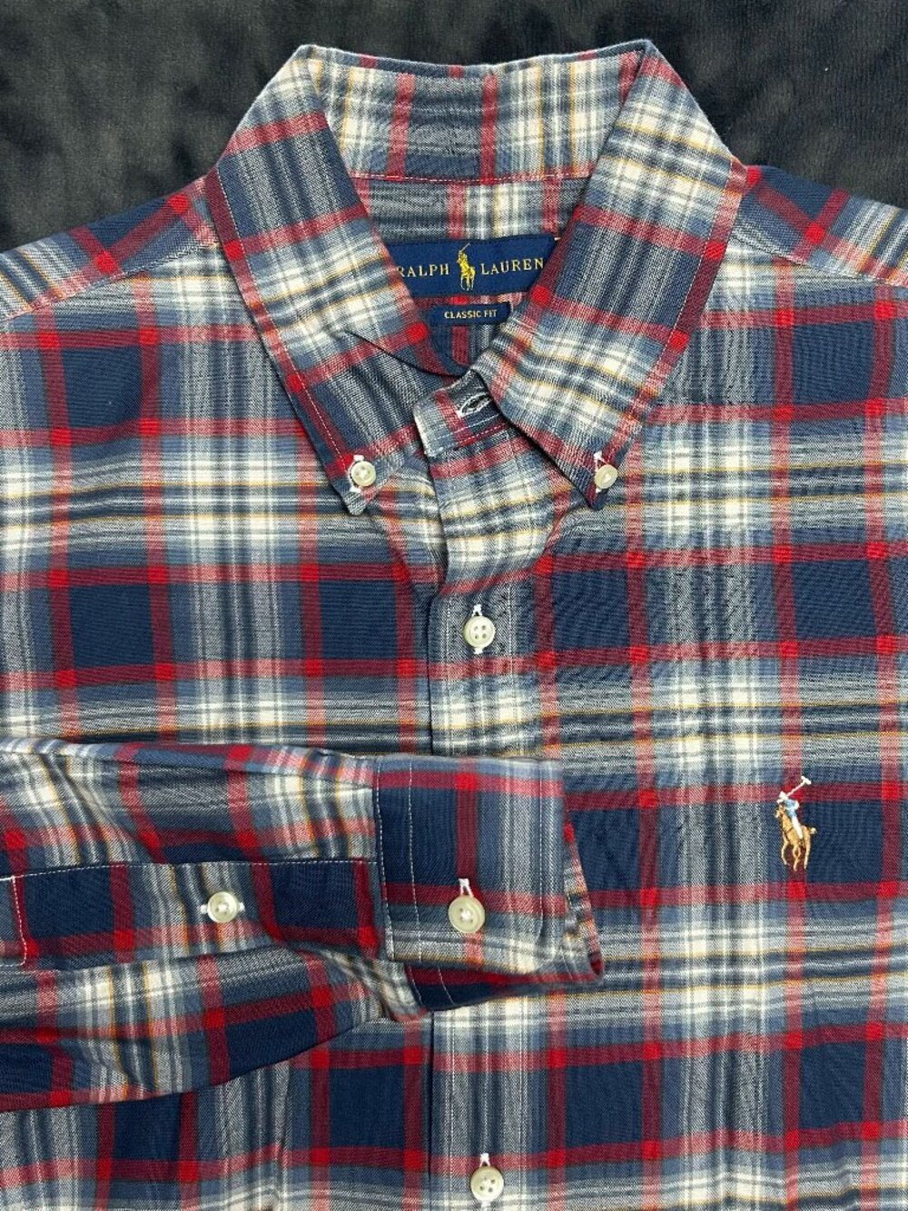 Ralph Lauren Classic Fit Shirt M Navy Red White Plaid Long Sleeve Cotton Button